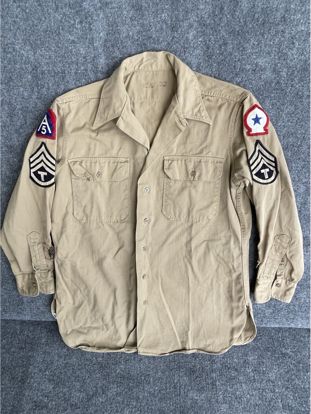 Vintage Us Army Sergeant Khaki Button Up Shirt 15.5/32 Long Sleeve WW2 40s 50s.